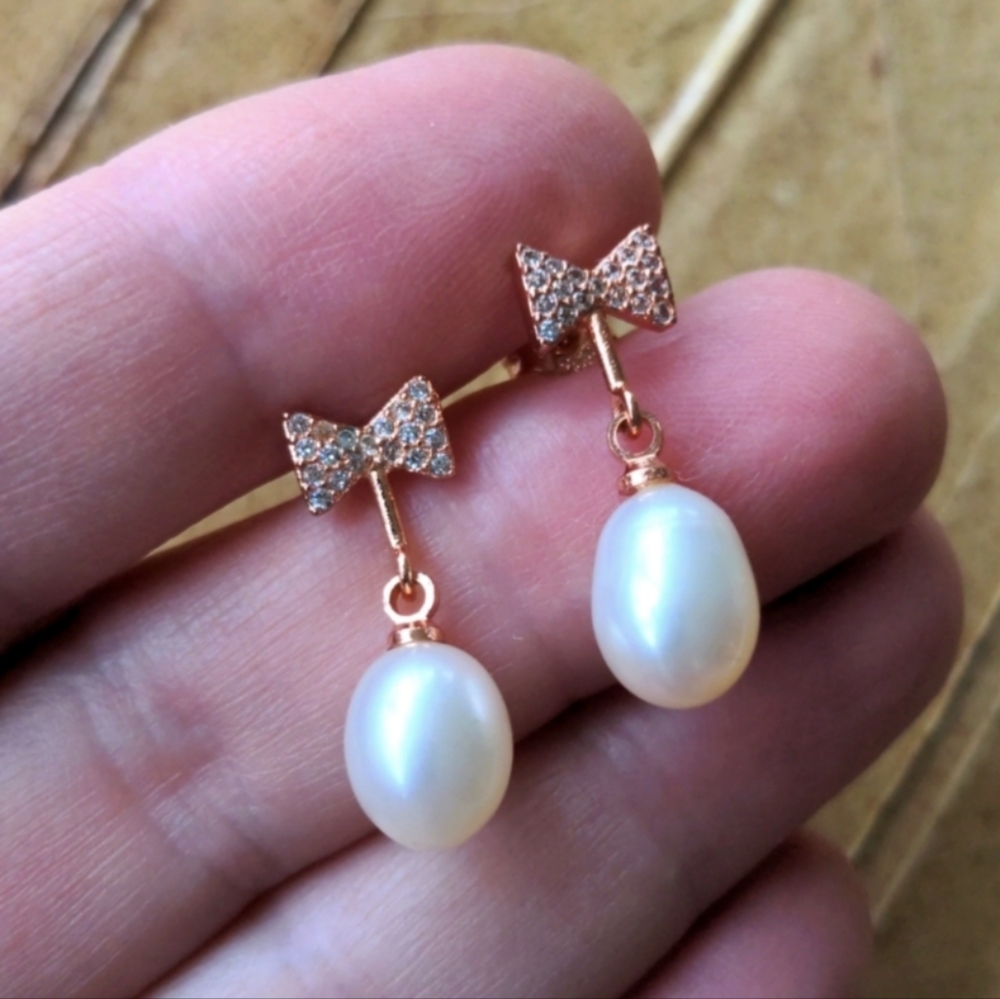 925 sterling silver dangle earrings with natural pearls, 14K rose gold plated - Picture 9 of 9
